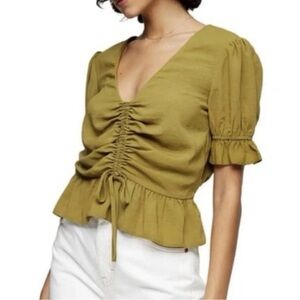 Topshop Olive Green Ruched V-Neck Blouse